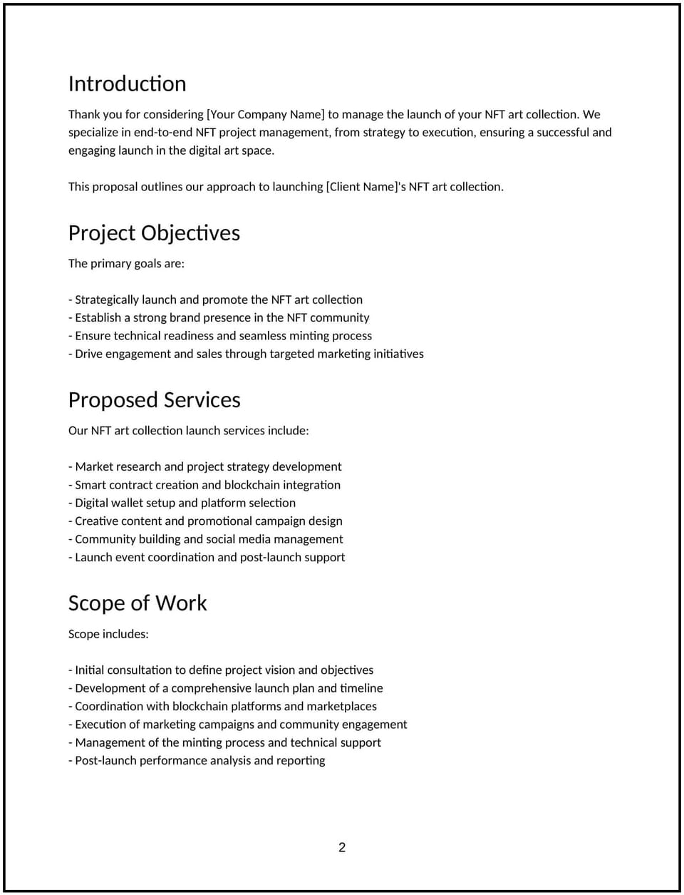 NFT art collection launch proposal: Free template