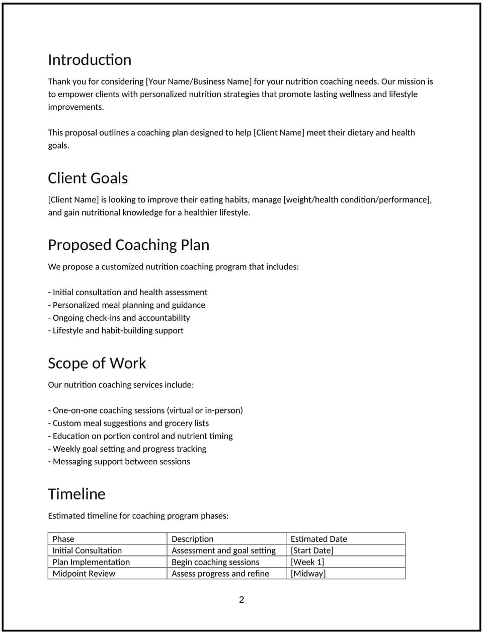 Nutrition coaching proposal: Free template