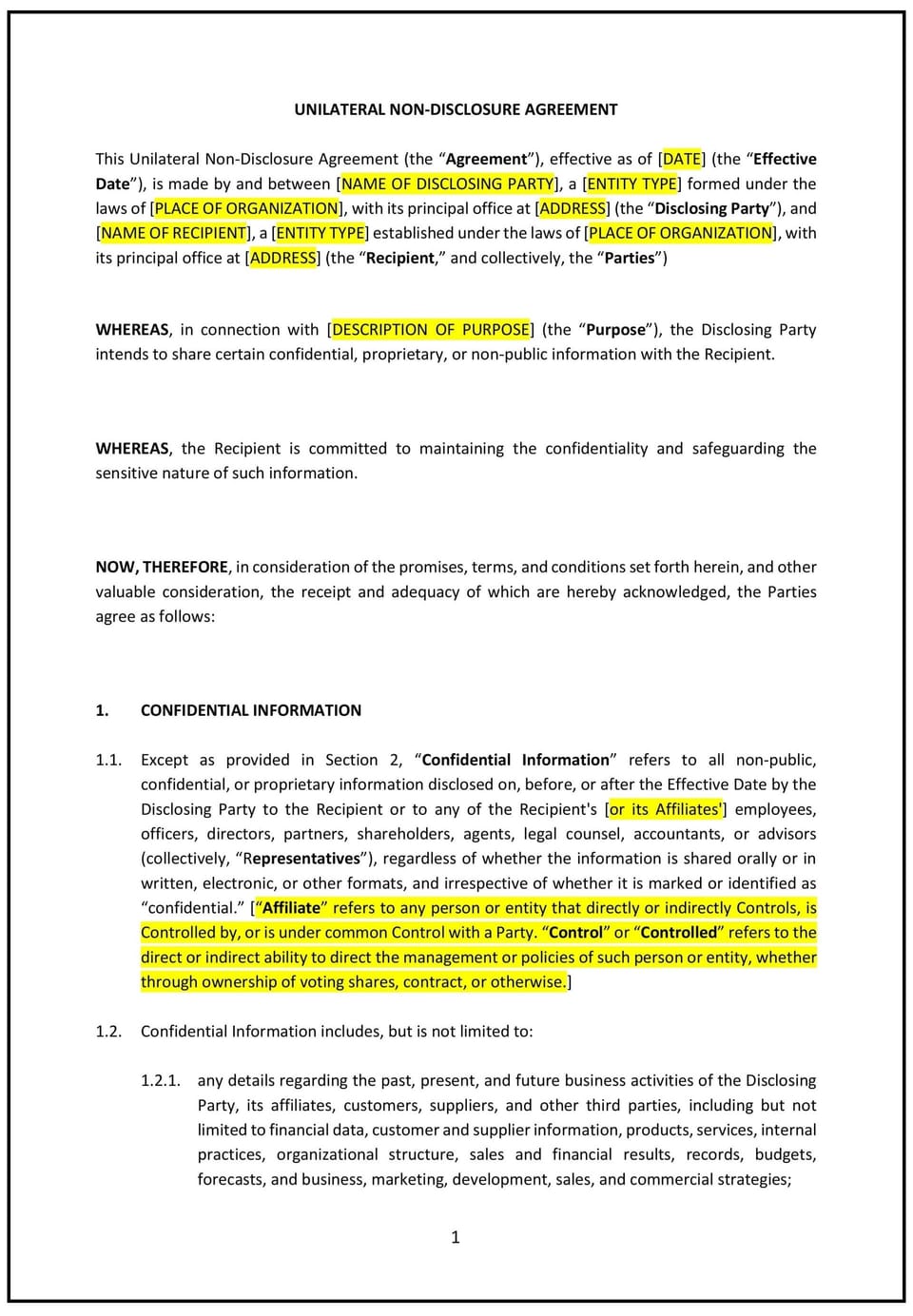 Non-Disclosure Agreement (Unilateral) (Pennsylvania): Free template