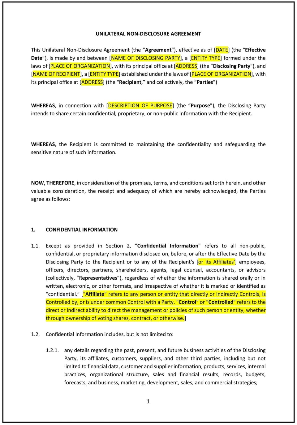 Non-Disclosure Agreement (Unilateral) (Washington): Free template