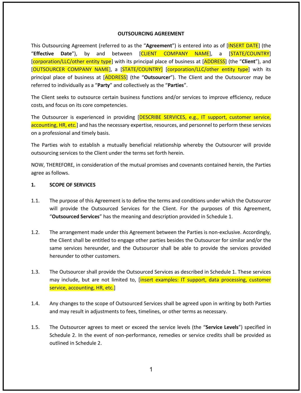 Outsourcing Agreement (Nevada): Free template