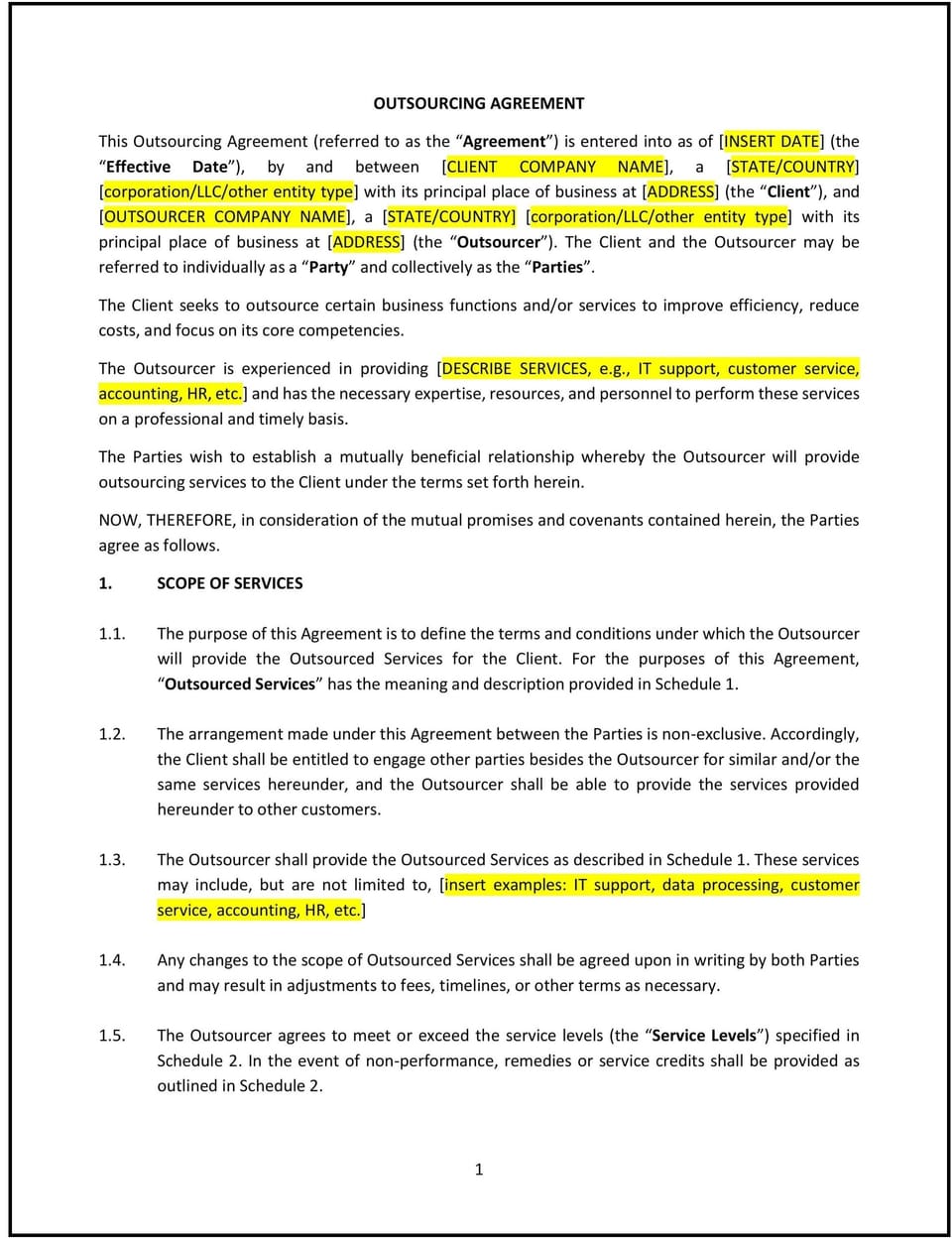 Outsourcing Agreement (South Dakota): Free template