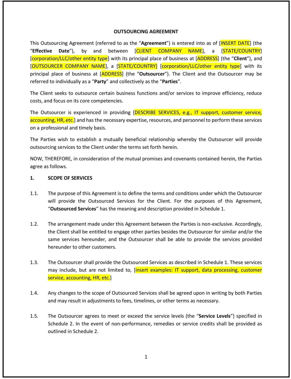 Outsourcing Agreement (Wisconsin): Free template