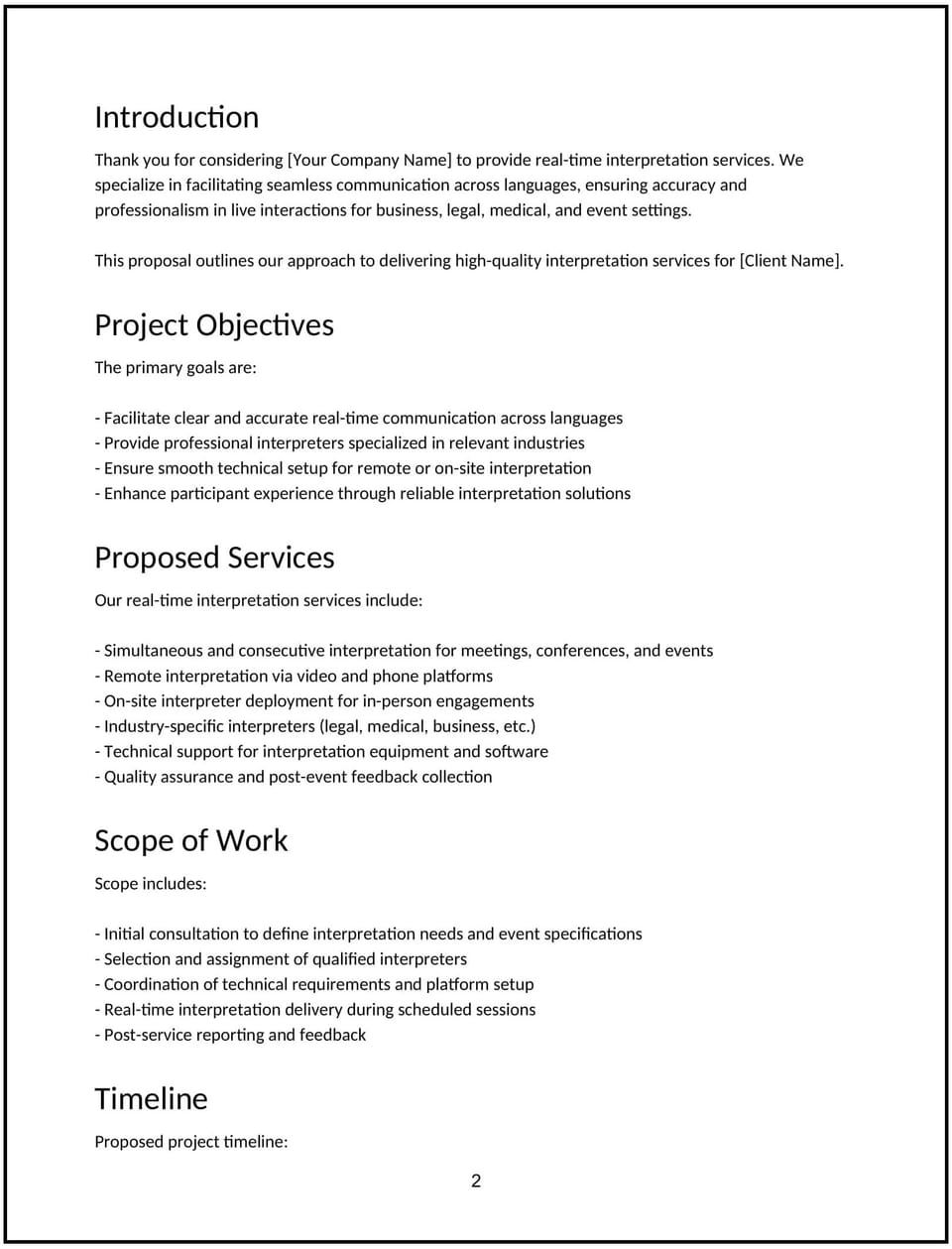Real-time interpretation service proposal: Free template