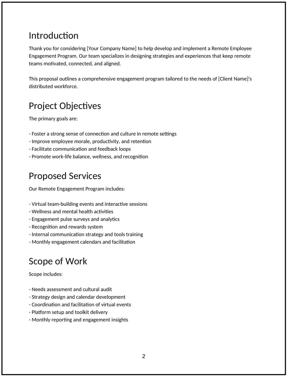 Remote employee engagement program proposal: Free template