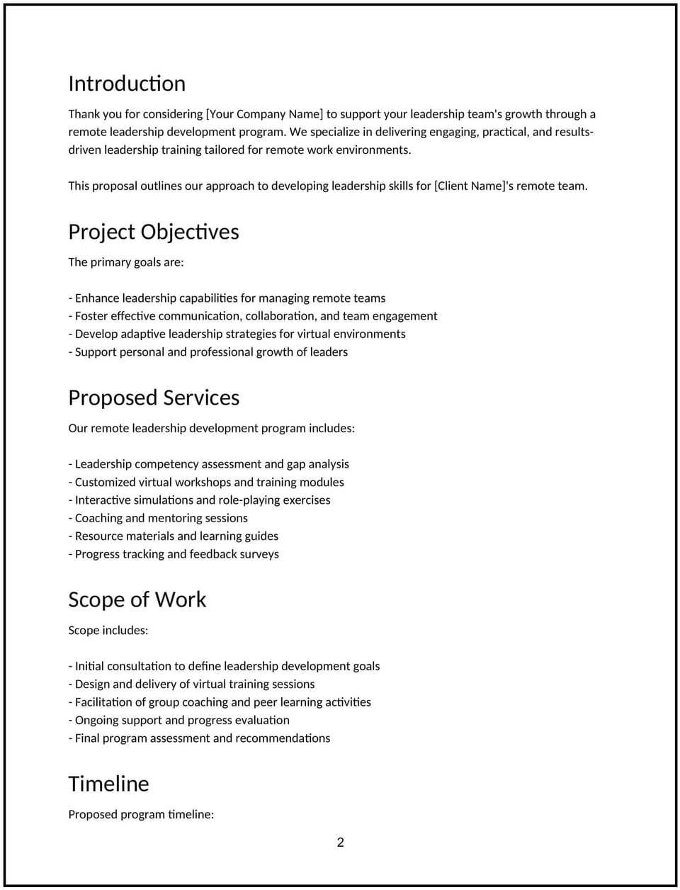 Remote leadership development proposal: Free template