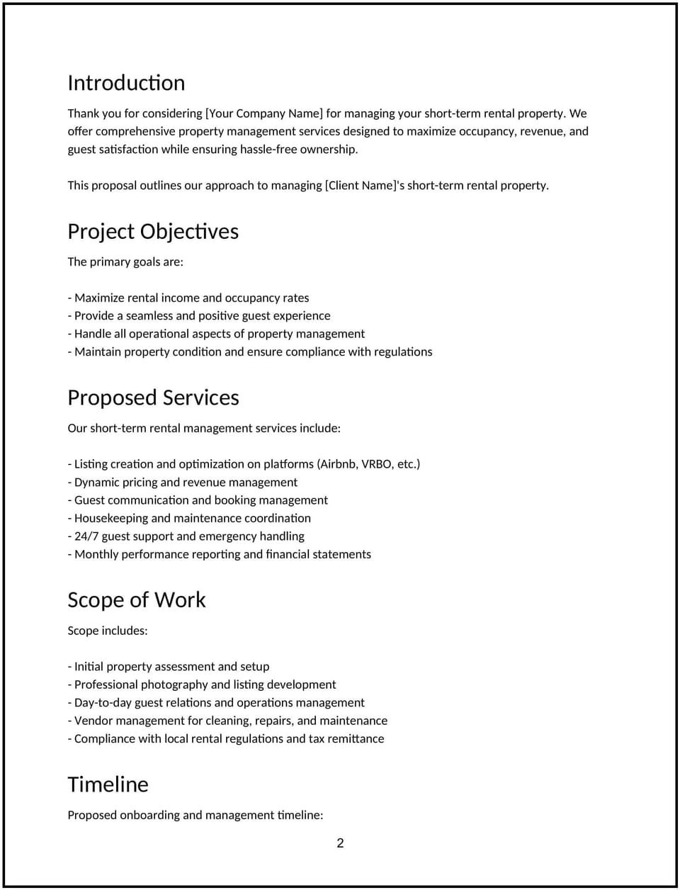 Short-term rental management proposal: Free template