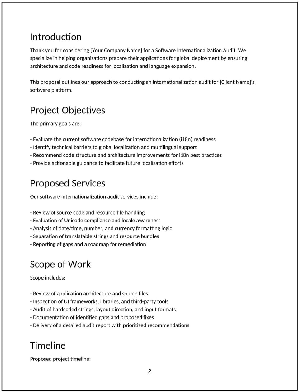 Software internationalization audit proposal: Free template