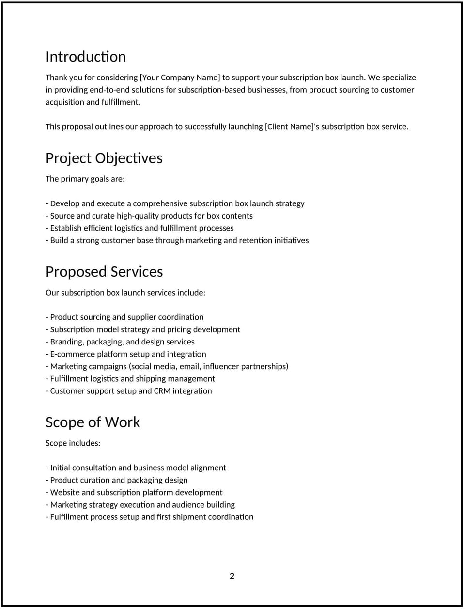 Subscription box launch proposal: Free template