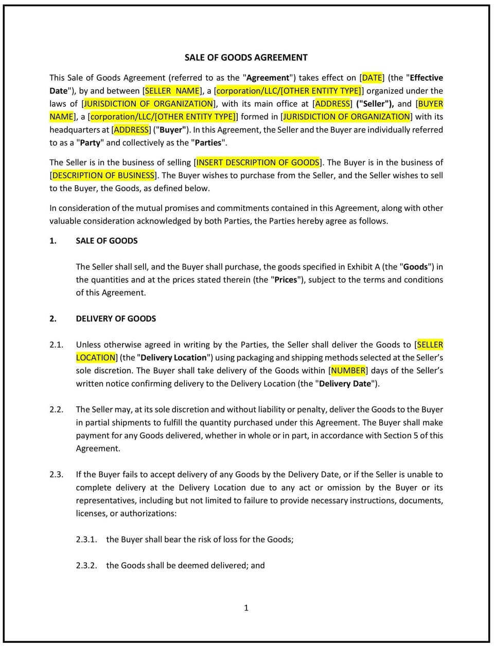 Sale of Goods Agreement (Pro-Seller) (South Carolina): Free template
