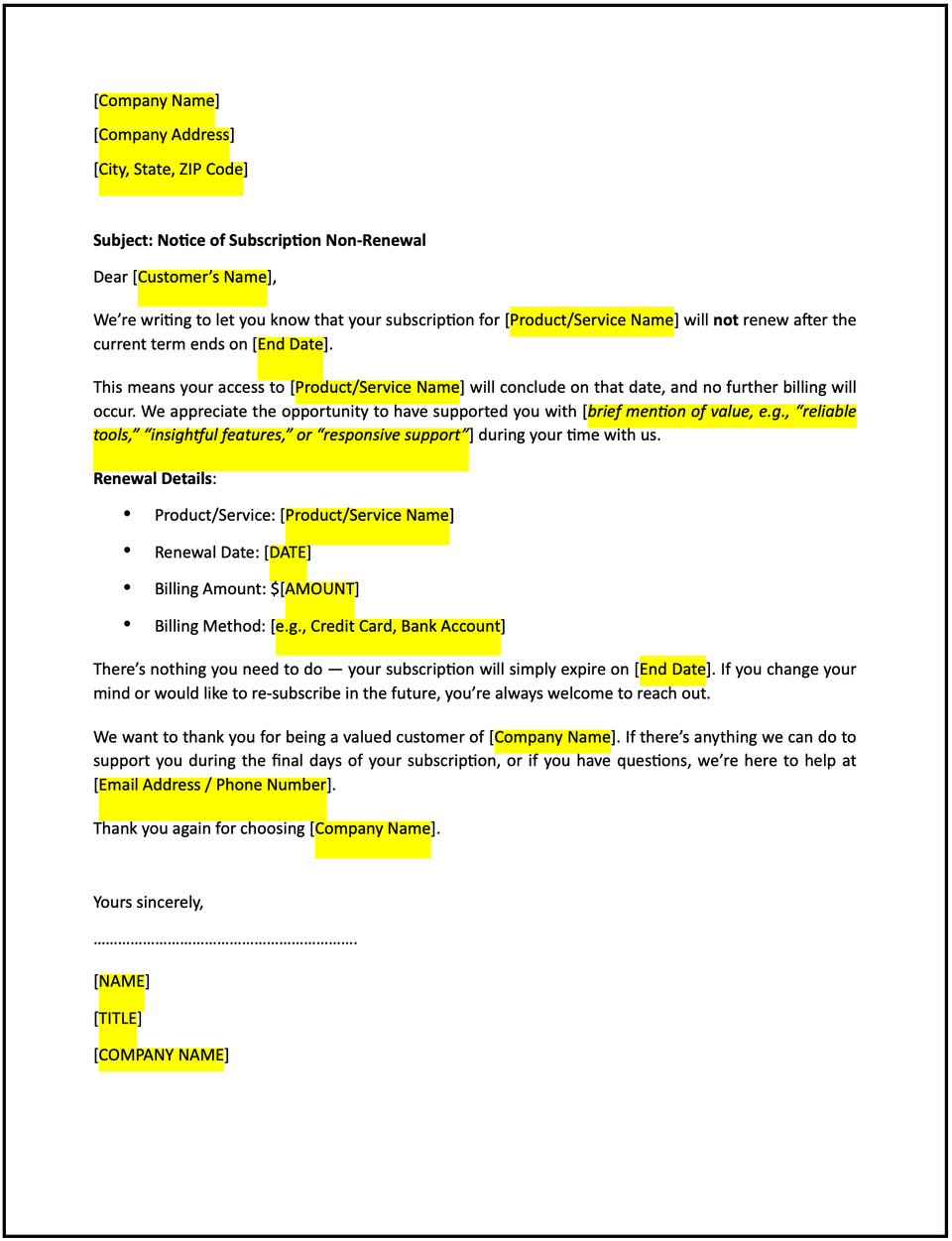 Non-renewal notice letter (Customer): Free template