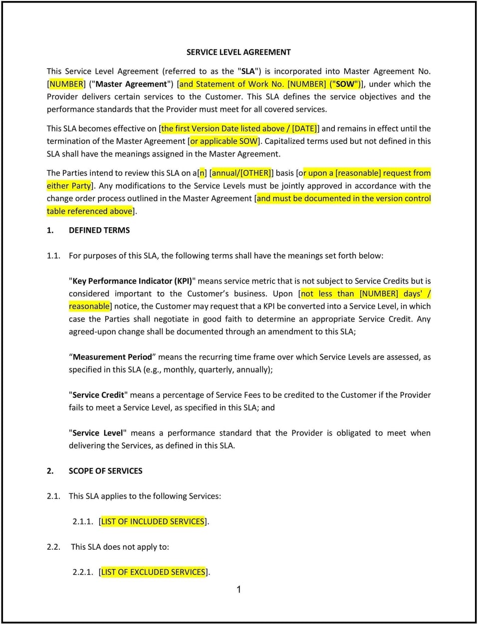 Service Level Agreement (SLA) (Missouri): Free template