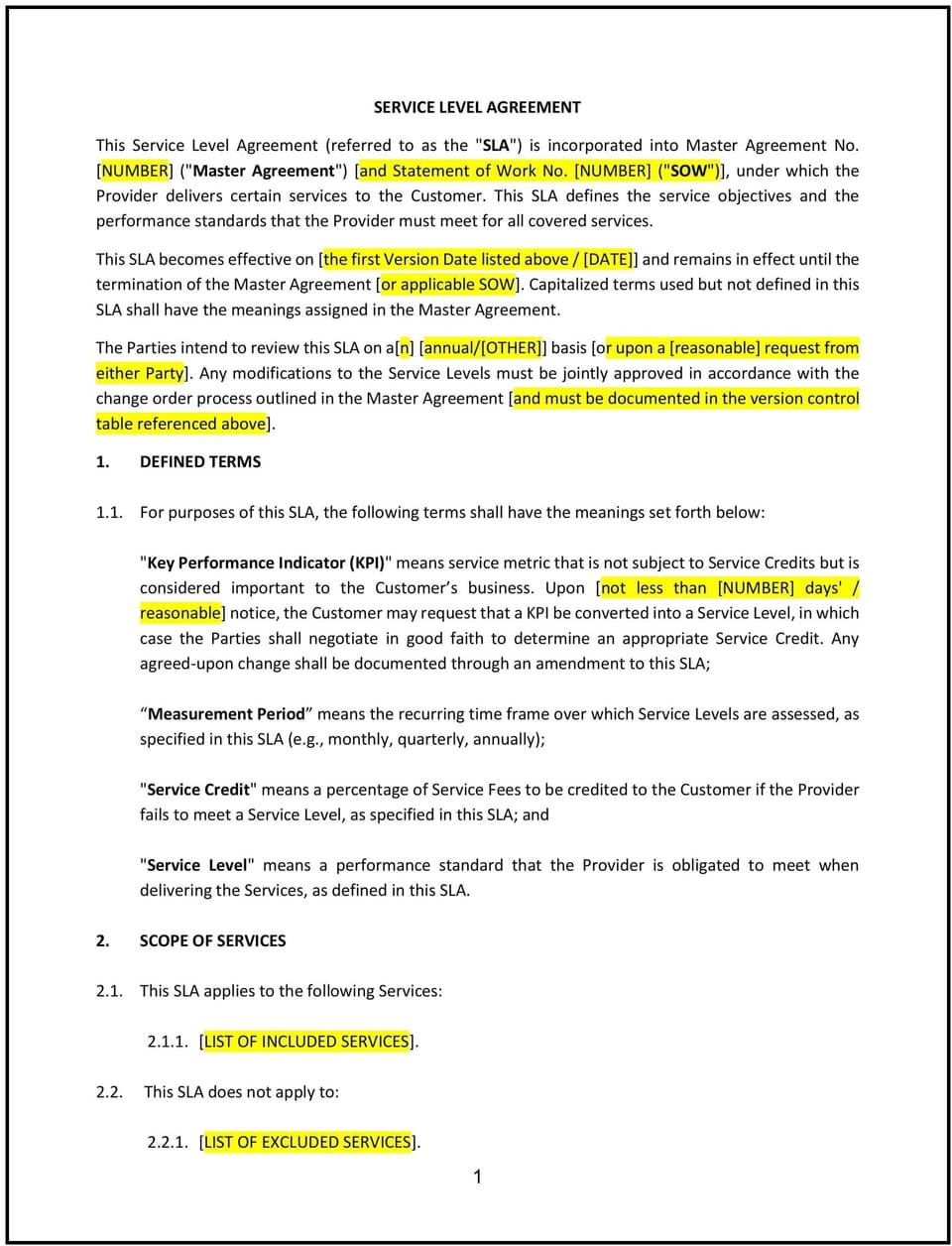 Service Level Agreement (SLA) (Montana): Free template