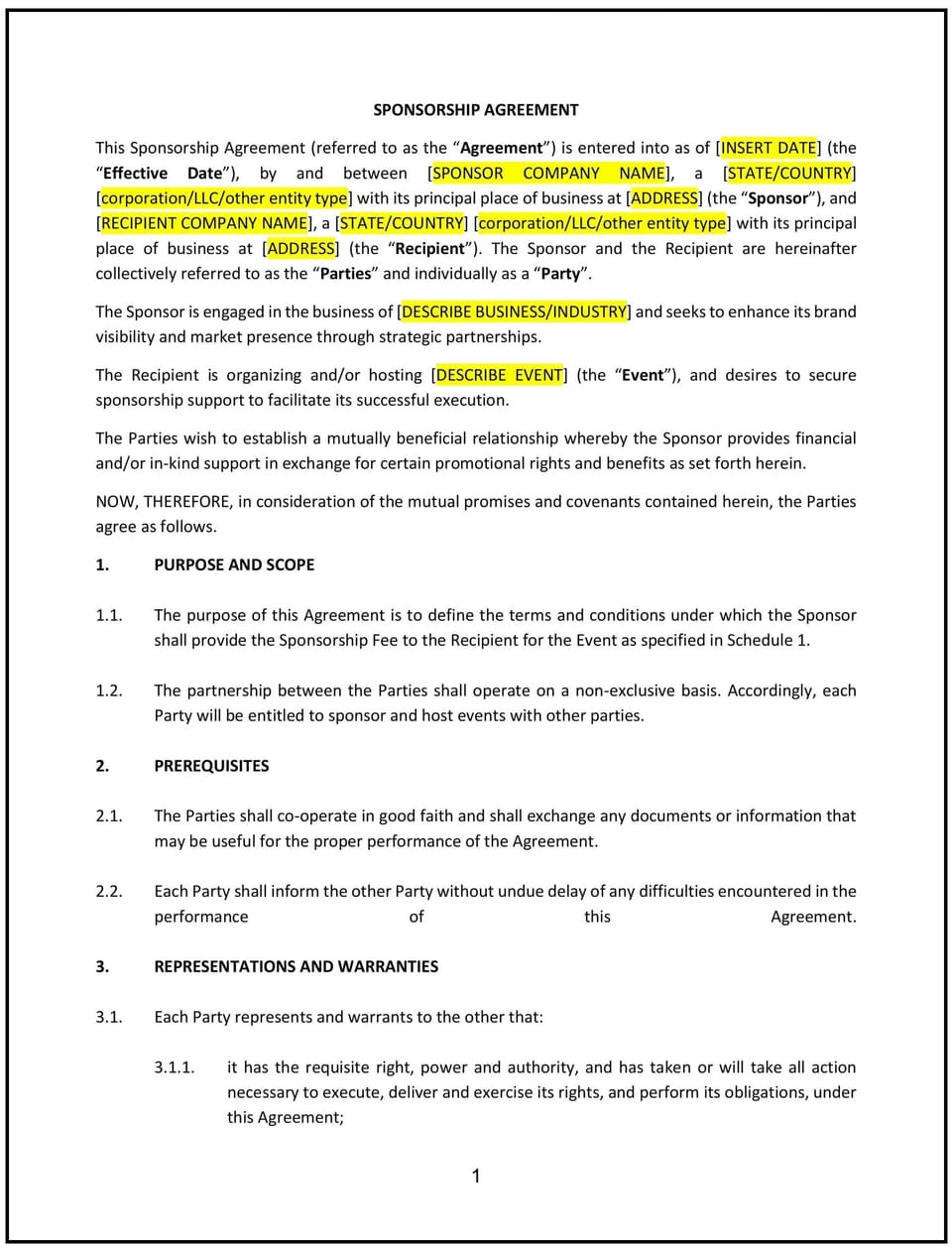 Sponsorship Agreement (Nevada): Free template