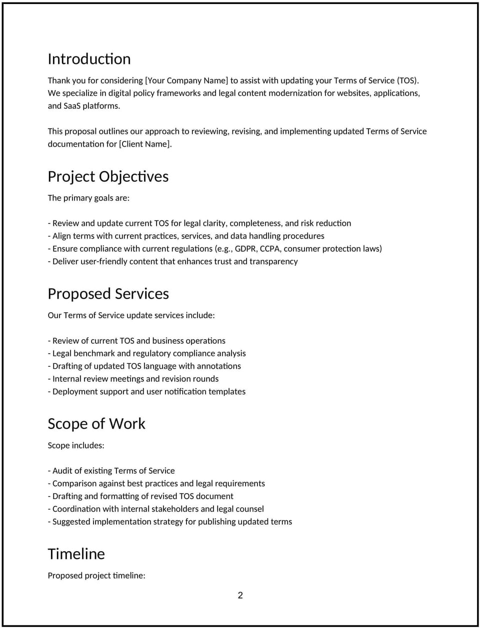Terms of service update proposal: Free template