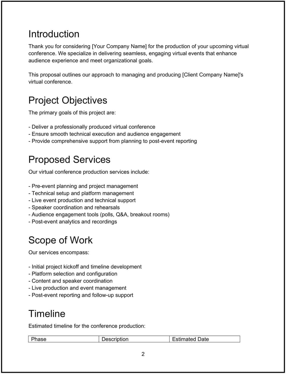 Virtual conference production proposal: Free template