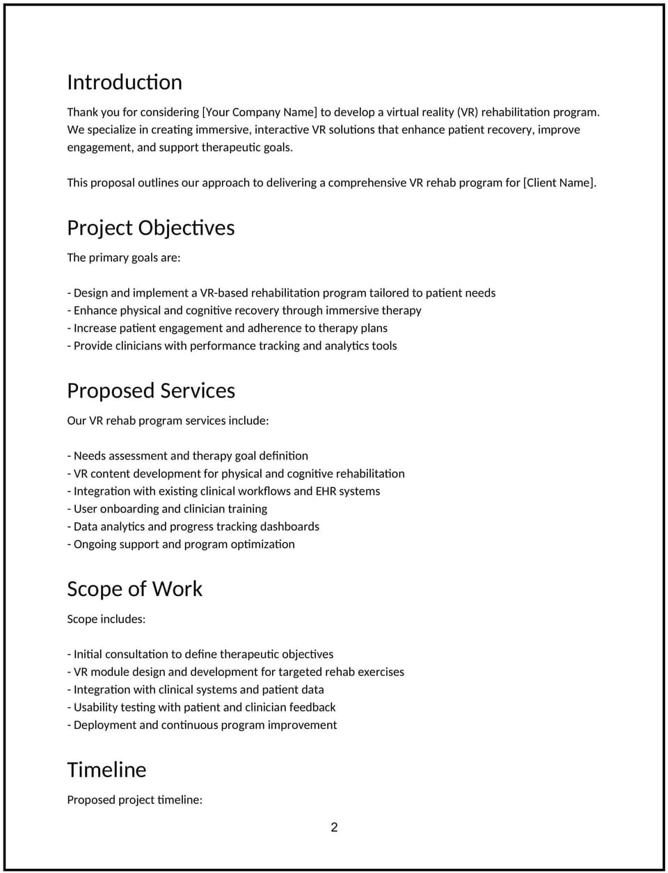 Virtual reality rehab program proposal: Free template