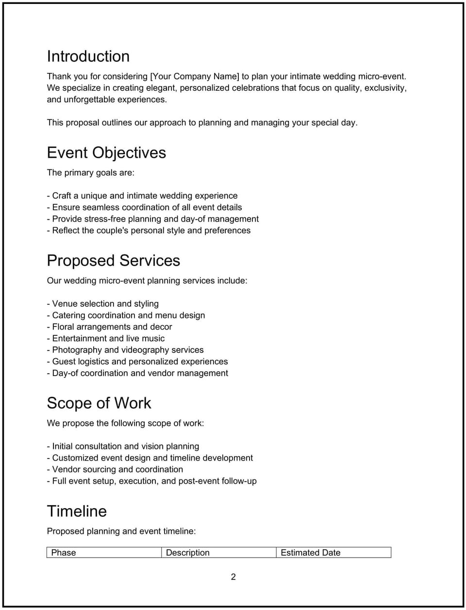 Wedding micro-event planning proposal: Free template