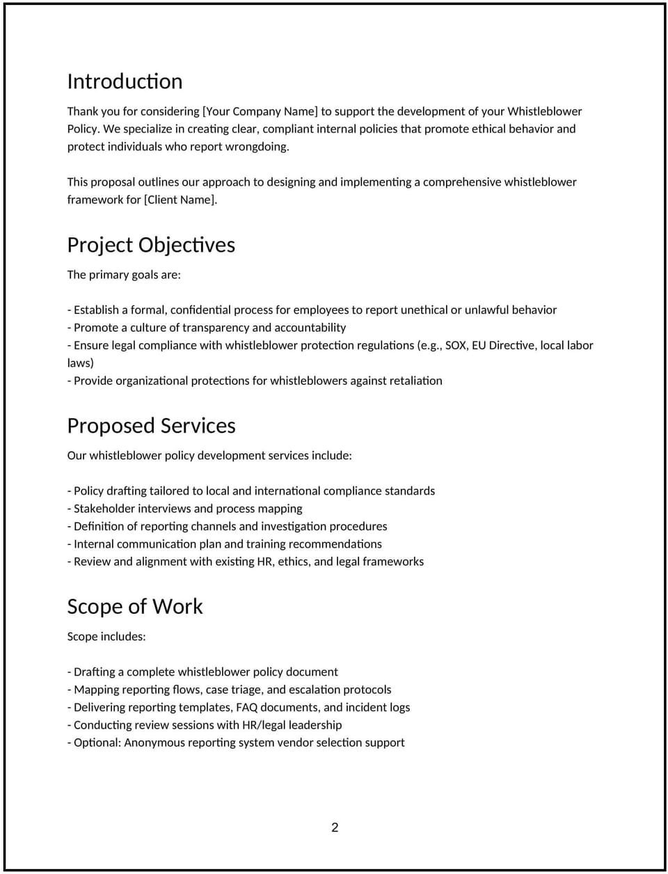 Whistleblower policy development proposal: Free template