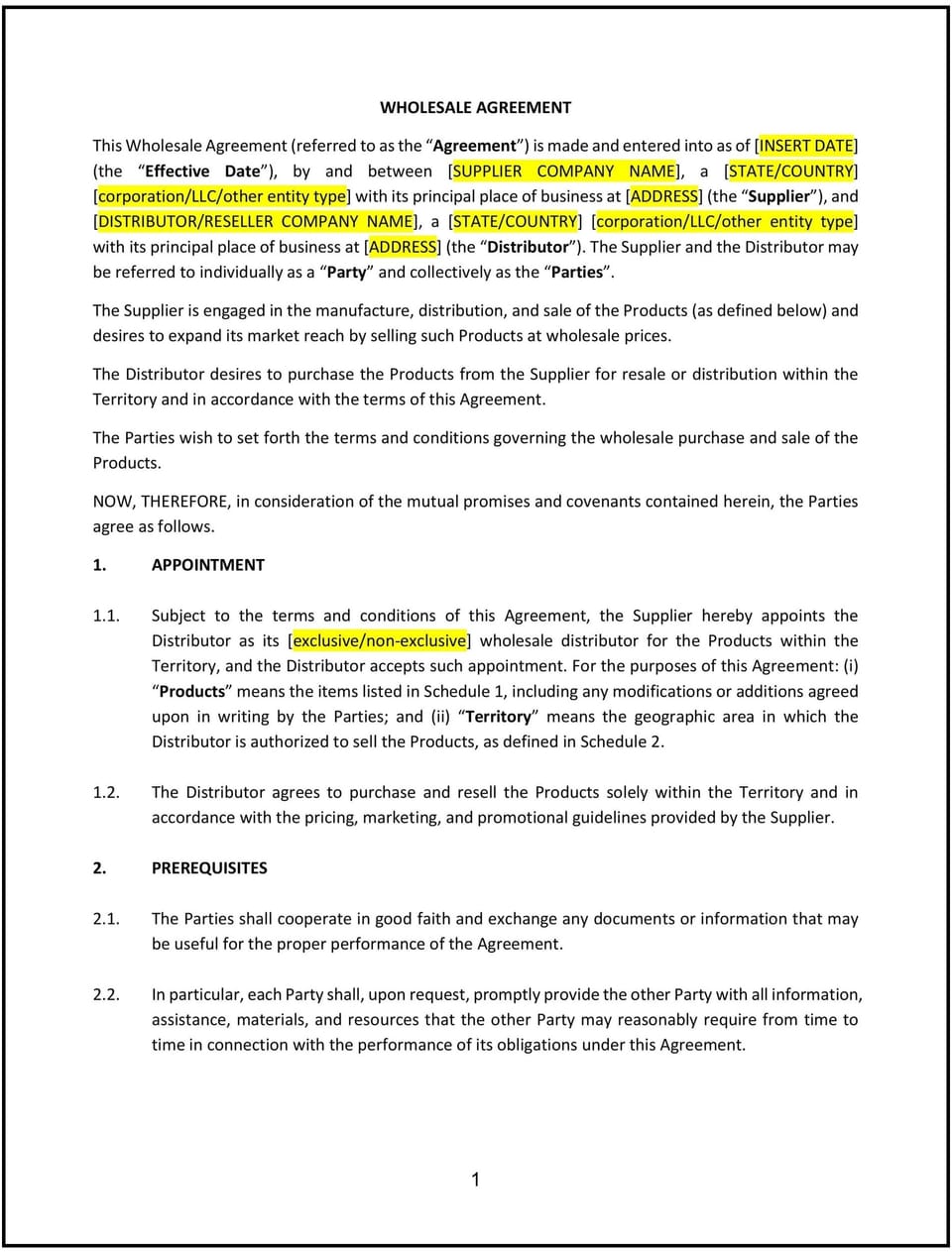 Wholesale Agreement (Missouri): Free template