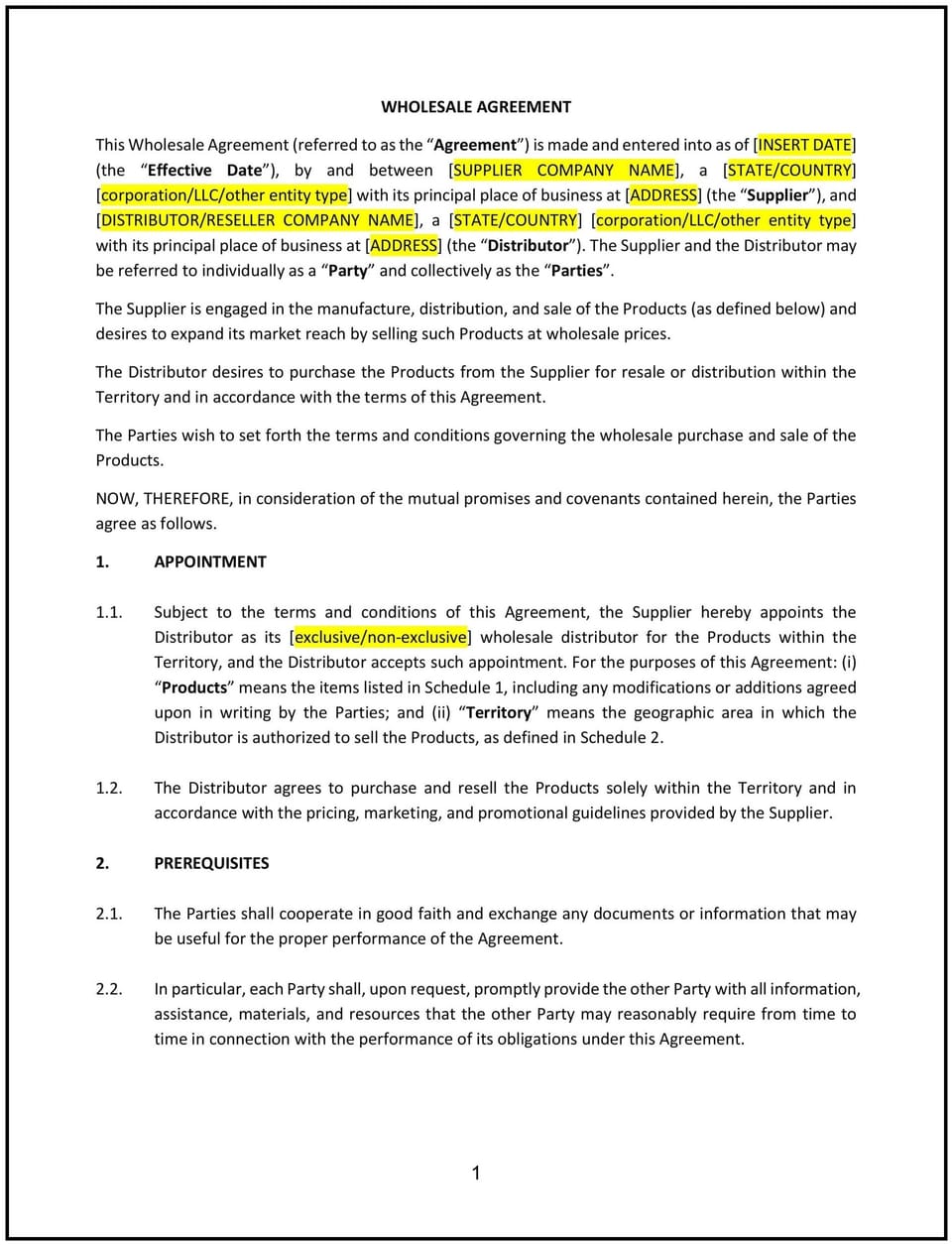 Wholesale Agreement (New York): Free template