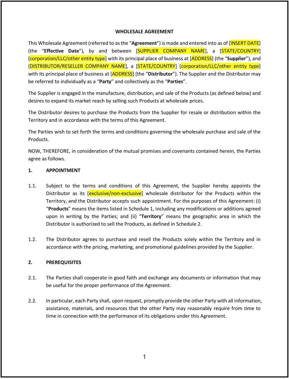 Wholesale Agreement (North Carolina): Free template