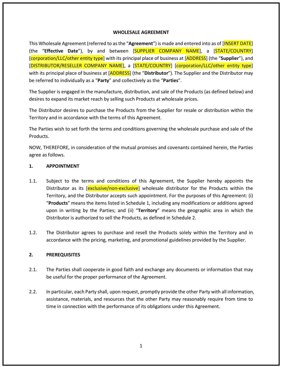Wholesale Agreement (Ohio): Free template