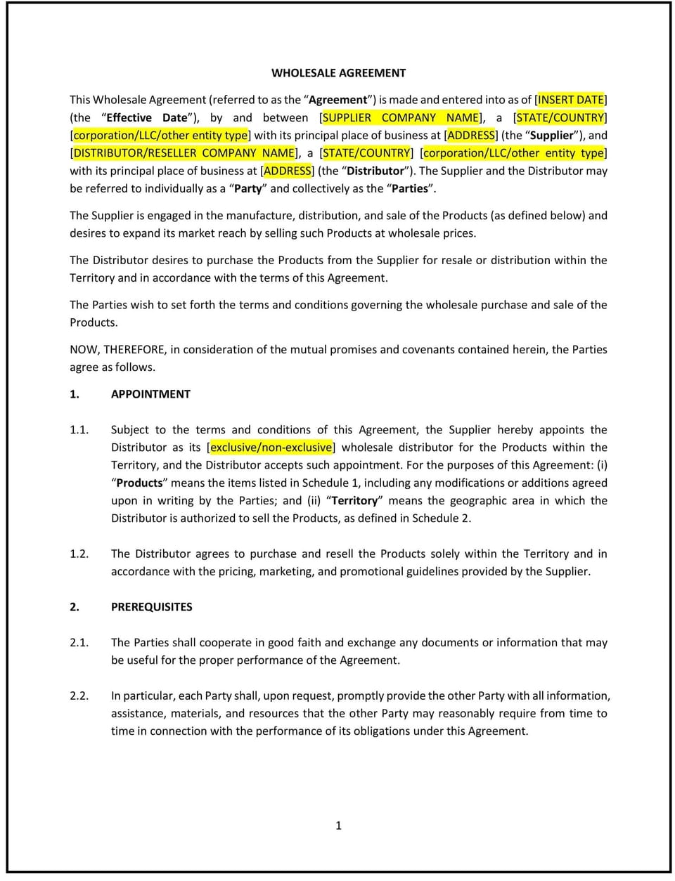 Wholesale Agreement (South Carolina): Free template