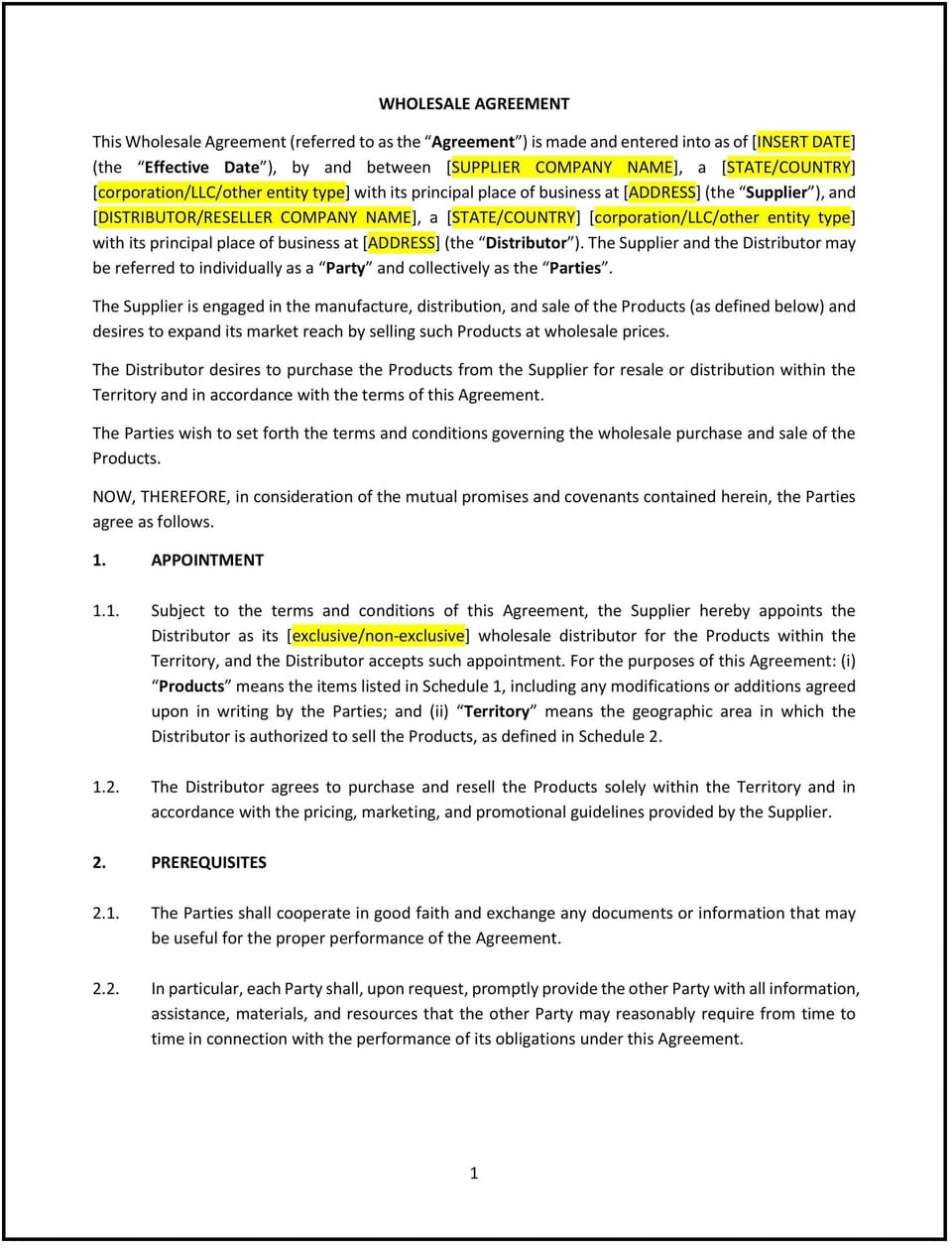 Wholesale Agreement (Wisconsin): Free template